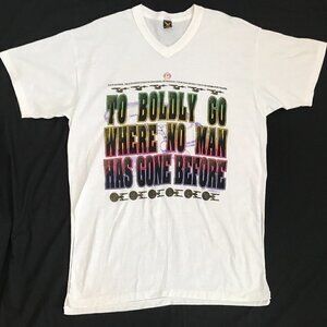 Vtg 90s Star Trek Glitter Graphic T-Shirt To Boldly Go USS Enterprise Ship 2XL